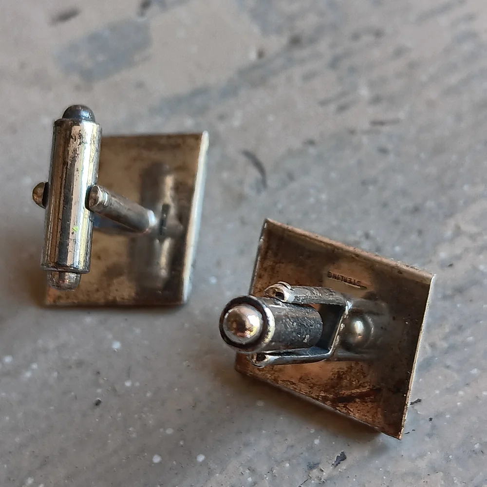 Vintage Sterling Silver Onyx Cufflinks with Pearl Accent